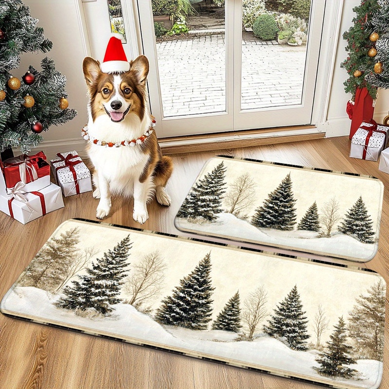 Hunting Outdoor Rug - VIKAMA クリスマスカーペット 冬の雪景色 松の木 雪の狩猟小屋デザイン 滑り止めラグ