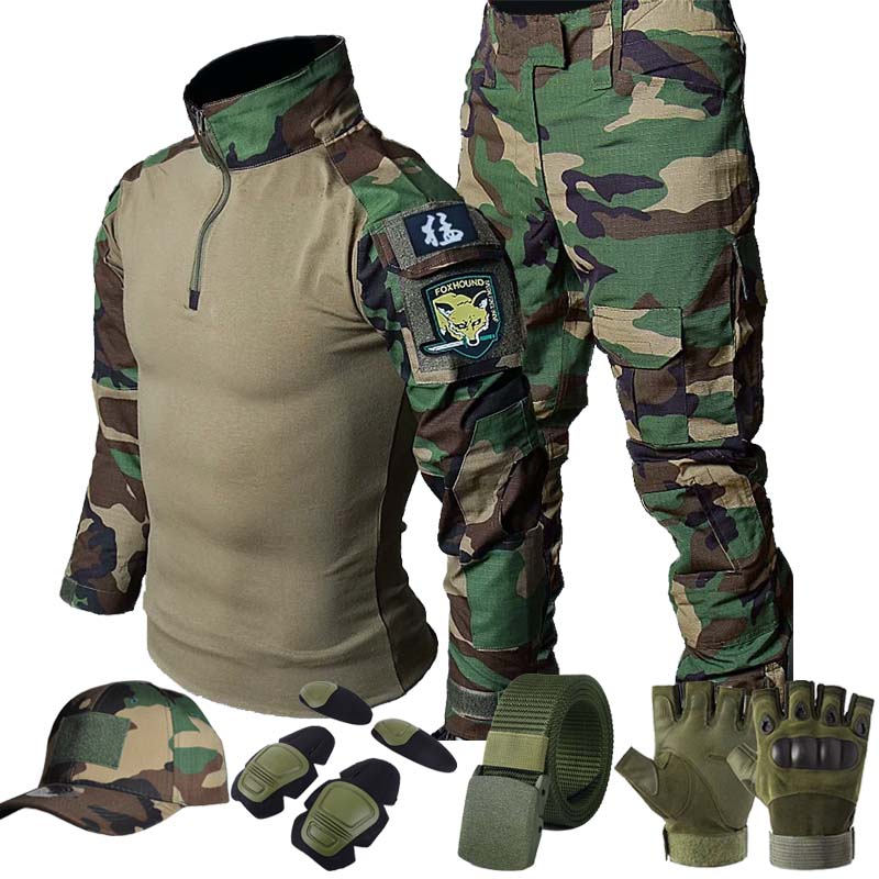 Hunting Outdoor Clothing - タクティカルカーゴユニフォーム ジャングルグリーンセット 長袖シャツ カーゴパンツ 膝丈 アウトドア