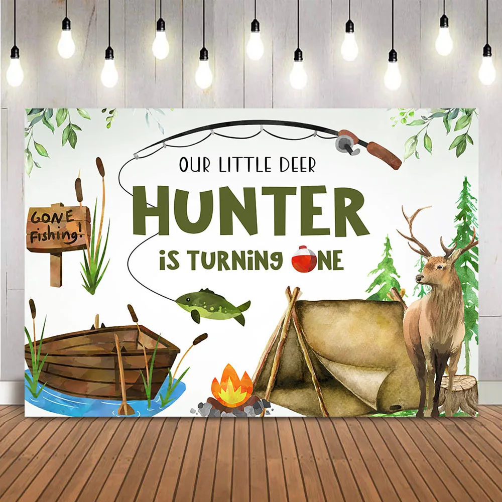 Hunting Outdoor Background - 狩猟や釣りのための誕生日の背景,鹿の魚,野外冒険,キャンプ,最初の誕生日の写真,野生の1つの誕生日のテーマ
