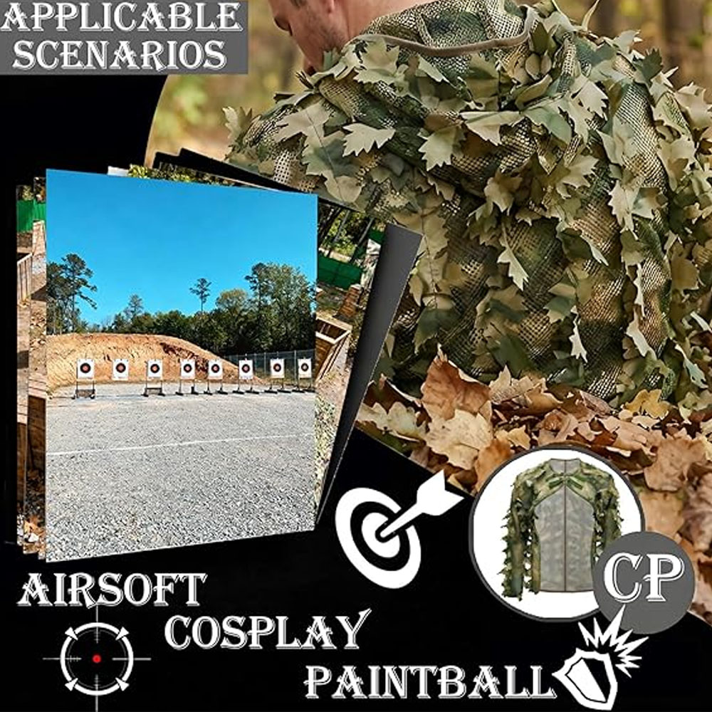 Ghillie Suit Woodland - ケープスタイルギリースーツ迷彩リーフジャケットウッドランドカモフラージュハンティングウェア3D迷彩ハンティング写真撮影エアソフト用