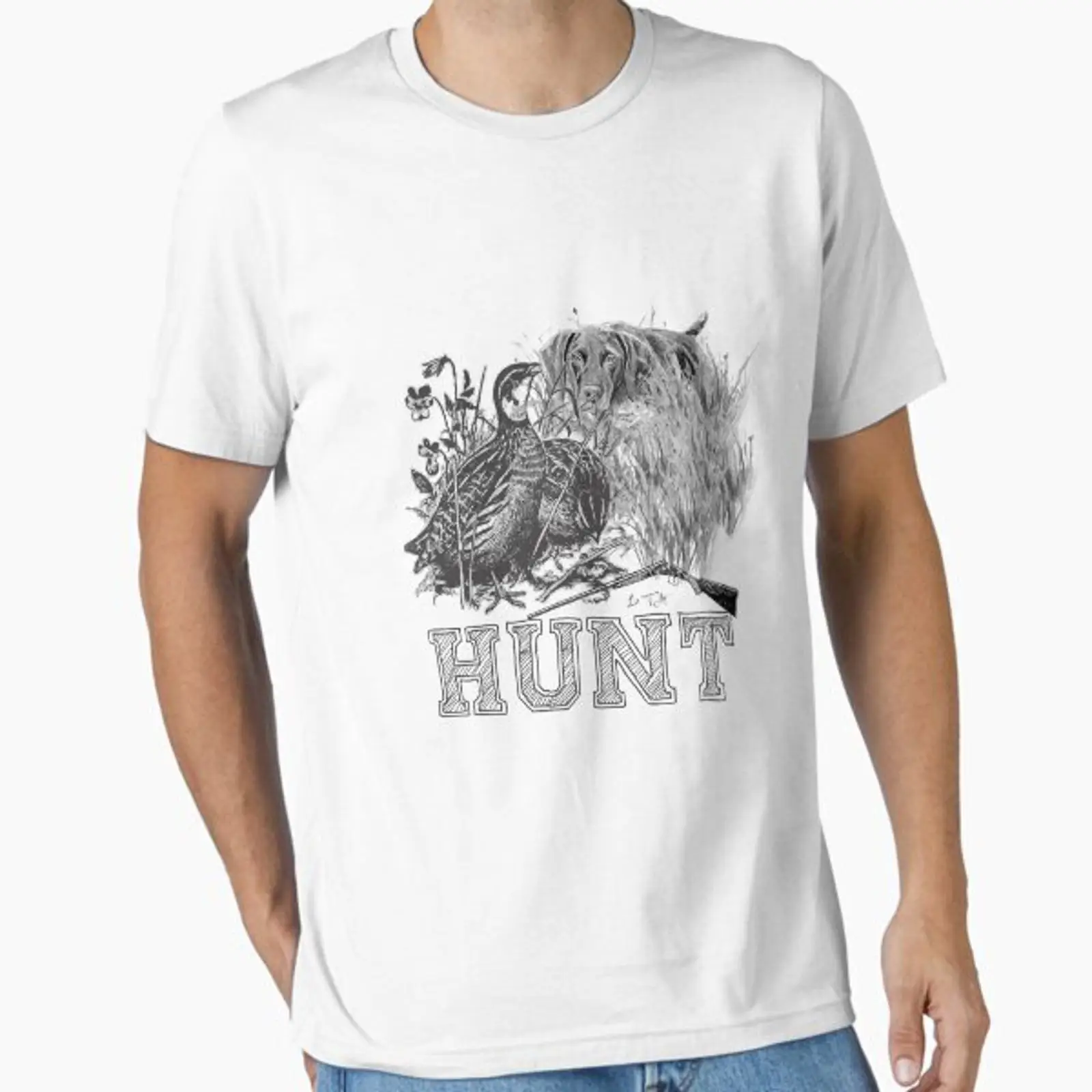 Hunting Quail - 犬と一緒におんどり狩りをするための必須アイテムTシャツ ヴィンテージ風ウォッシュ加工 通気性のあるストリートウェアトップス 日常着用 グラフィック柄 ユニセックス