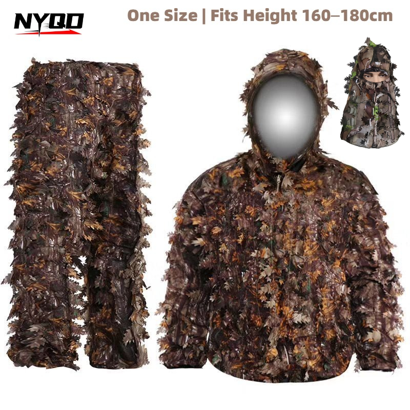 Ghillie Suit Woodland - 3Dリーフギリースーツ ハンティングカモフラージュ服 ウッドランドカモフラージュ衣装 ジャングル エアソフト ペイントボール