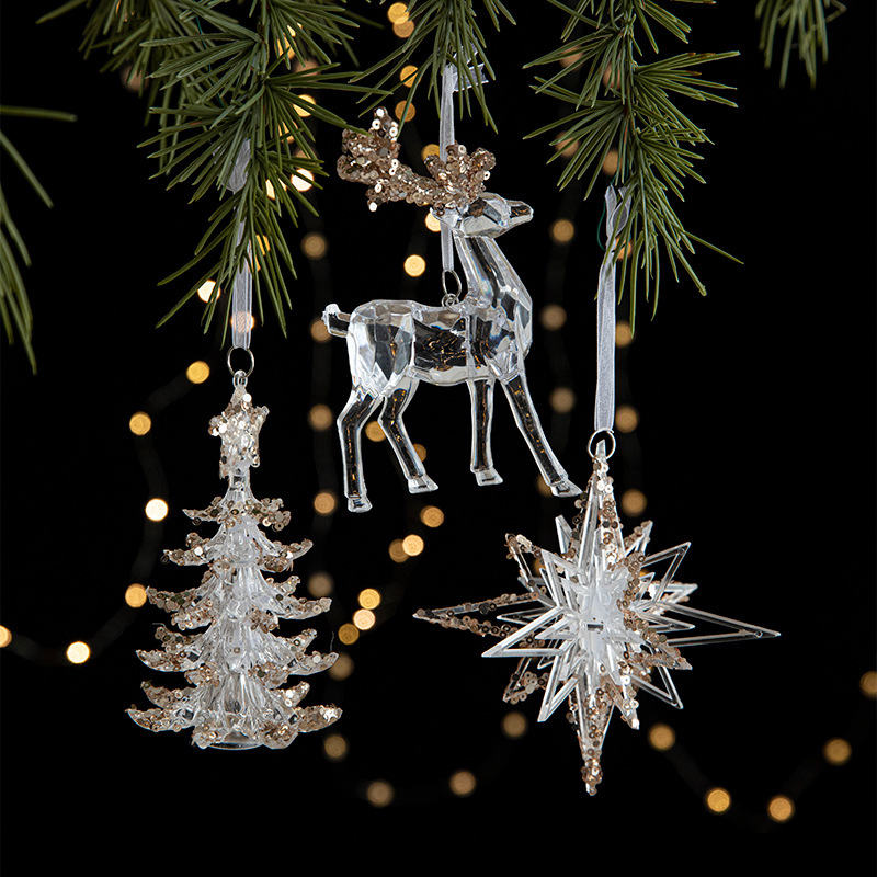 Elk Bugle Call - クリスマスツリーのおもちゃアクリルヘラジカの鐘ペンダント透明スノーフレークペンダントスパンコール付きホームクリスマスパーティーの装飾アクセサリー