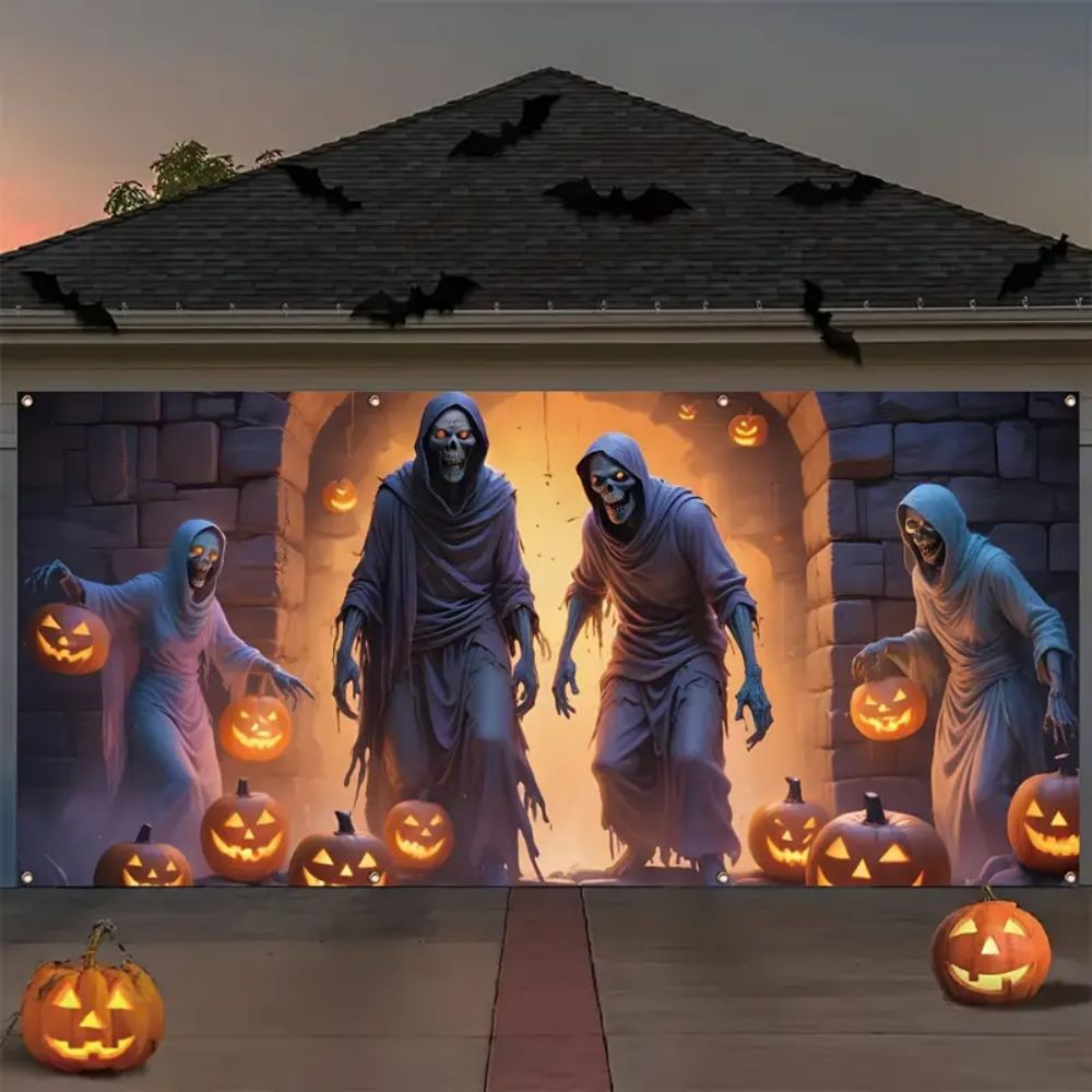 Hunting Outdoor Background - VIKAMA ハロウィンガレージバナー 180x400cm 特大屋外スカル狩猟獲物ガレージ背景布パーティー装飾