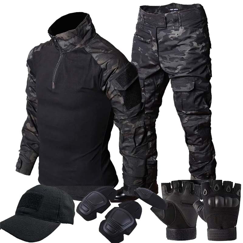 Outdoor Hunting T Shirts - RU迷彩戦術服 アウトドアスーツ MCBK 長袖Tシャツ+多ポケットカーゴパンツ メンズトレーニングハンティング服 コンバットセット