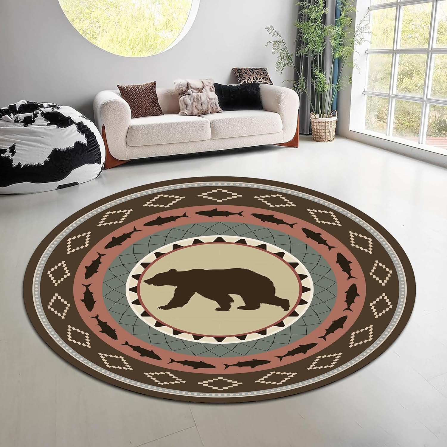 Hunting Outdoor Rug - ヴィンテージ自然森林ラウンドラググリーンブラウンエルクベアエリアカーペットウエスタンハンティングロッジリビングルームソファ美的フロアマット