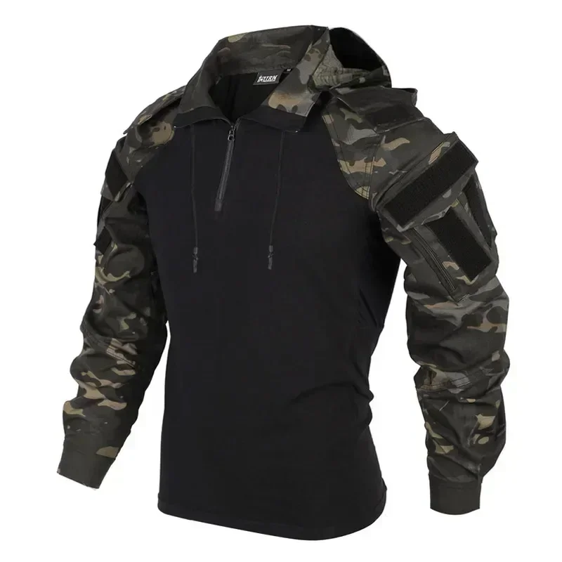 メンズ Tシャツ 1/4 ジップ長袖シャツ フード付きタクテ - Outdoor Hunting T Shirts のレビューと価格