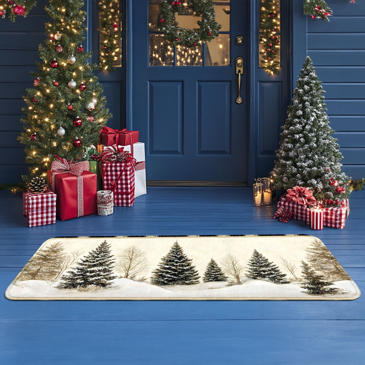 冬の雪景色をイメージした狩猟小屋と松の木のクリスマス柄ドアマ - Hunting Outdoor Rug のレビューと価格