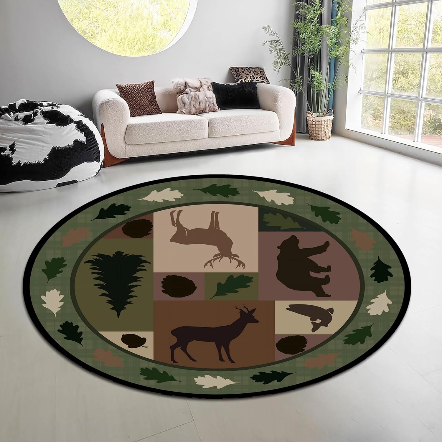 ヴィンテージ風自然森林柄ラウンドラグ グリーンブラウン エル - Hunting Outdoor Rug のレビューと価格
