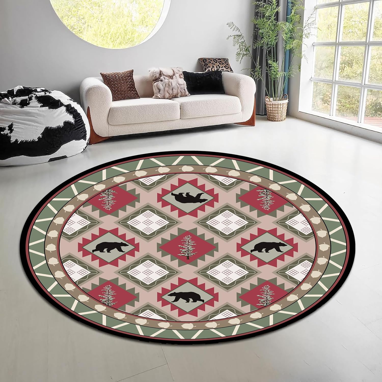 ヴィンテージ自然森林ラウンドラググリーンブラウンエルクベアエ - Hunting Outdoor Rug のレビューと価格