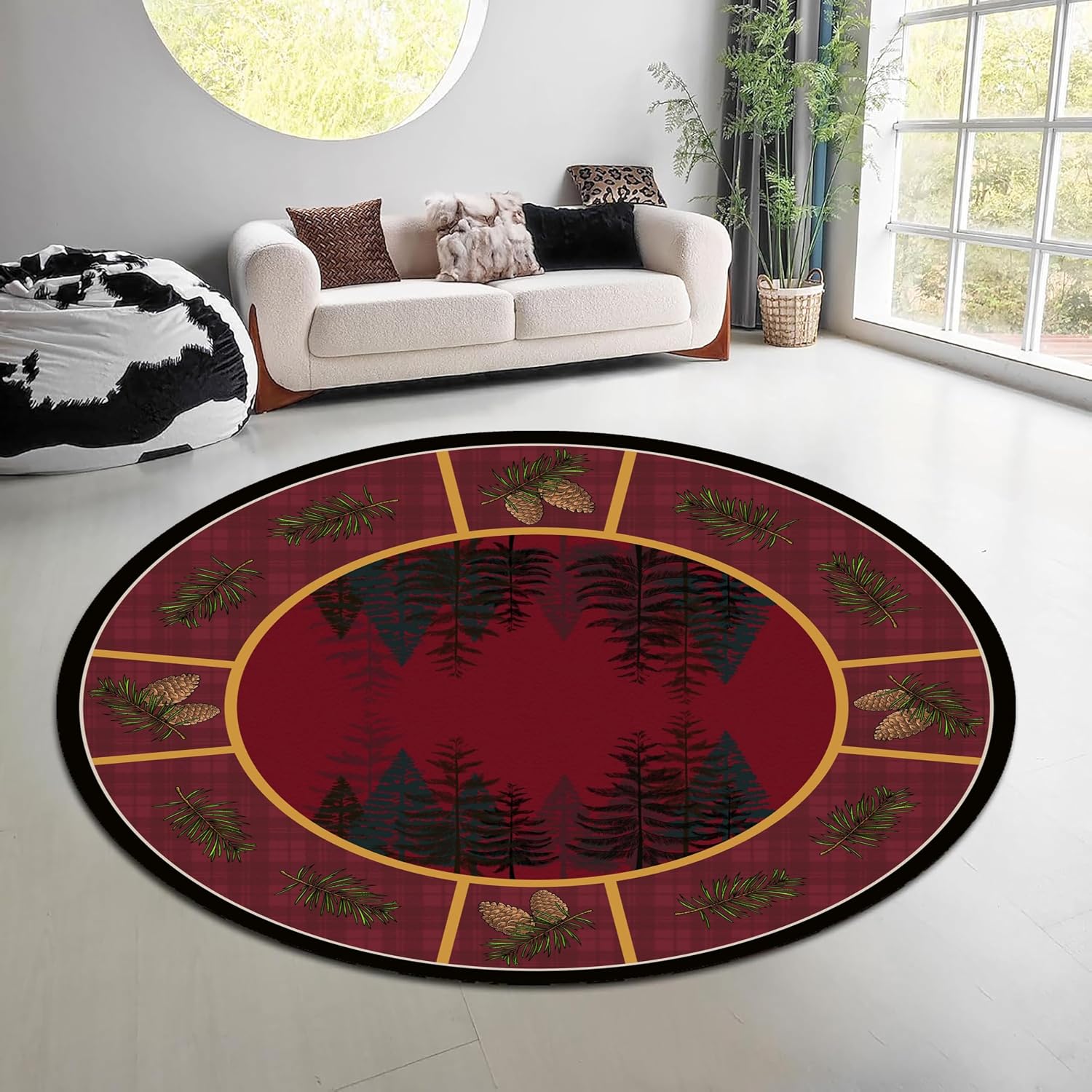 ヴィンテージ自然森林ラウンドラググリーンブラウンエルクベアエ - Hunting Outdoor Rug のレビューと価格